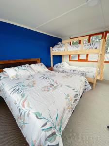 蓬塔阿雷纳斯Indomito Sur Hostel的一间卧室设有两张床和蓝色的墙壁