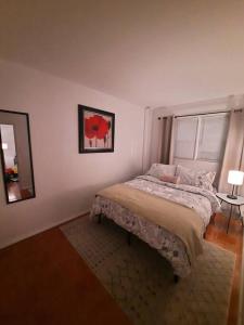 西纽约Pet Friendly Apartment minutes from NYC!的一间卧室配有一张床、镜子和窗户