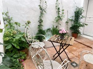 圣玛丽亚港Patios del Agua的庭院配有桌椅和植物
