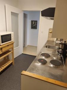 Sennwald24-7 Rooms的厨房配有炉灶和微波炉
