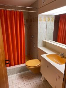 达沃斯Lovely 1-bedroom apartment in the heart of Davos的浴室设有卫生间和橙色淋浴帘