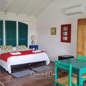 坦迪尔Clara en el Cerro的一间卧室配有一张床和一张蓝色的桌子