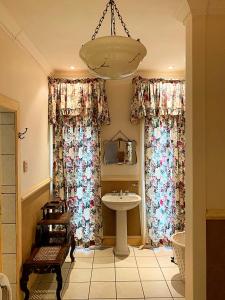 察嫩舍伍德乡间别墅酒店的浴室设有窗帘、水槽和吊灯。