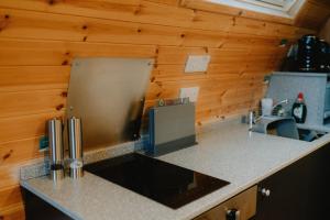 布罗拉North Coast 500 Pods - Brora的厨房设有木墙和台面