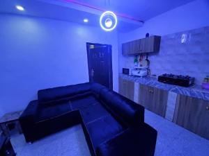 拉各斯DINERO JADE - One Bedroom Apartment的带沙发的客厅和厨房