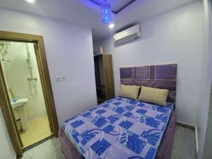 拉各斯DINERO JADE - One Bedroom Apartment的一间卧室配有一张带蓝色棉被的床