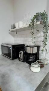 巴里Cozy 2-bedroom lower unit!的厨房柜台配有微波炉和咖啡壶