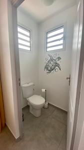 莱昂斯-达赫雷Appartement vue mer Chez Ti Louis - Grande Anse的白色的浴室设有卫生间和2扇窗户。