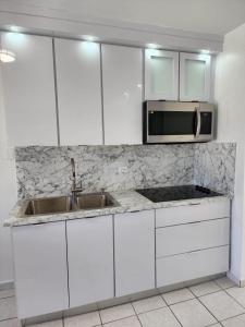 圣胡安San Juan Apartments的白色的厨房配有水槽和微波炉