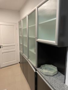 科连特斯Corrientes Pora的厨房配有玻璃橱柜和冰箱。