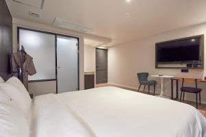 釜山BONATHREE HOTEL的一间酒店客房,配有一张大床和一台平面电视