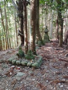 田边市Kumano Kodo Nagano Guesthouse的森林中间的一组绿色雕像