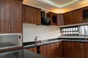 阿布贾MercuryIcon luxury Homes的一间带木制橱柜和微波炉的厨房
