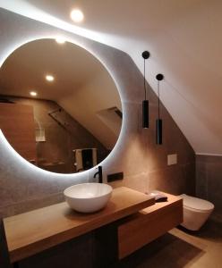 洛维涅LE CLOS DU MONTYS的一间带水槽和大镜子的浴室