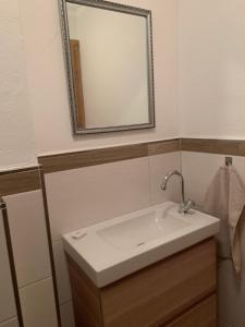 克森Altenhauser Hof的浴室设有白色水槽和镜子