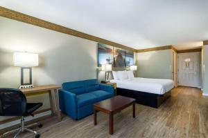 芒廷霍姆芒廷霍姆戴斯酒店的酒店客房,配有一张床和一张蓝色椅子