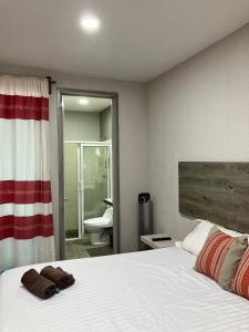瓦哈卡市Casa Biznaga的一间带白色床的卧室和一间浴室