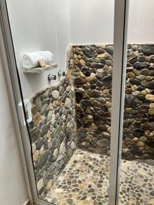 瓦哈卡市Casa Biznaga的带淋浴的浴室(带石墙)