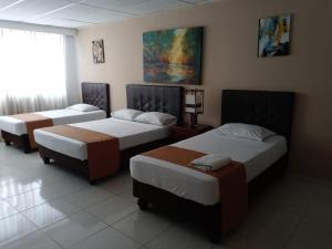 卡利Hotel Parque del Perro的带三张床和窗户的客房