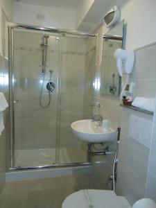 阿贝托内K2酒店及意大利餐厅的带淋浴、卫生间和盥洗盆的浴室