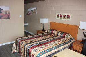 彭蒂克顿火烈鸟汽车旅馆的一间卧室配有一张带彩色床罩的床