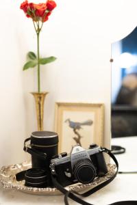 布赖特Westwood Lodge的桌子上的相机,花瓶上装有花