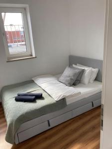 基尔Rooftop mit Fördeblick, zentral & nah am HBF的一张床上有两个枕头的房间