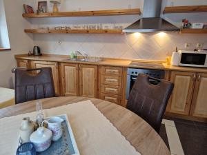 特尔乔夫Apartmány Skalka的厨房配有桌子、两把椅子和微波炉