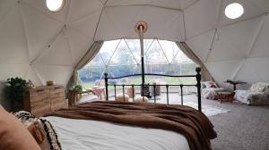 牛津Luxury Dome with Private Wood-Fired Hot Tub的一个带大窗户的帐篷内一间卧室,配有一张床