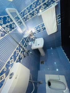 拉合尔Hotel new royal palace的蓝色和白色的浴室设有卫生间和水槽