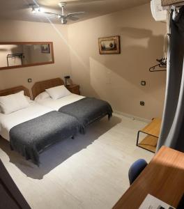 萨拉戈萨阿雷纳尔旅馆 的卧室配有一张床铺,位于带桌子的房间