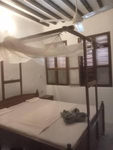 江比阿Iddi House的一间卧室配有一张带天蓬和窗户的床