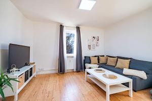林特尔恩Modernisiertes Altbau 3-Zi Apartment的客厅配有蓝色的沙发和电视