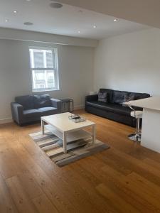 伦敦Clarges -Selfridges Luxury Apartment的带沙发和咖啡桌的客厅