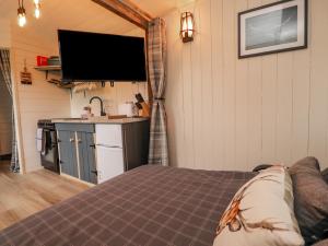 普雷斯顿Hillcrest Shepherds Hut的一间带一张床的房间和一间带电视的厨房