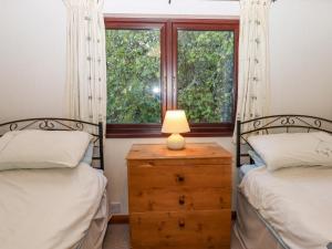 埃克塞特Dartmoor Retreat Lodge的卧室设有两张单人床和窗户。