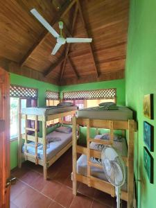萨玛拉Casa Terra的客房设有两张双层床和吊扇。