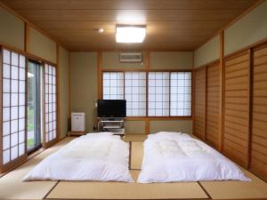 山中湖村Forest Villa Yamanakako的配有2张床的带窗户和电视的客房