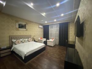 杜尚别Sunrise Apartments的一间卧室配有一张床和一张沙发