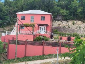 ParhamMount Joy Getaway的粉红色的房子,前面有栅栏