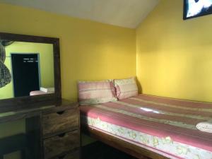 象岛海岛旅馆的一间小卧室,配有一张床和镜子