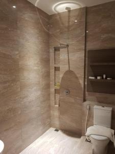 安耶尔山海杨英达温泉度假酒店的一间带卫生间和玻璃淋浴间的浴室