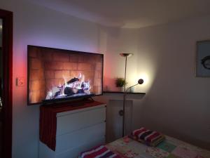 马斯特里赫特Ser's Studio Orange的卧室设有壁炉,墙上配有电视