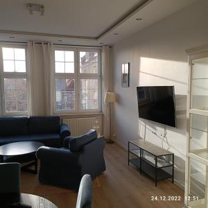 格但斯克Apartament Długa 35的带沙发和平面电视的客厅