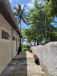 乌巴图巴Yabás Praia的棕榈树建筑旁边的石墙