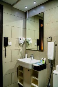沙迦Luxe Grand Hotel Apartments的一间带水槽和镜子的浴室
