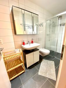 洛伊克巴德Apartments Soldanella的一间带水槽、卫生间和镜子的浴室