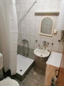斯特鲁米察007 Apartments - TC Global, Strumica, Macedonia的一间带水槽、淋浴和卫生间的浴室