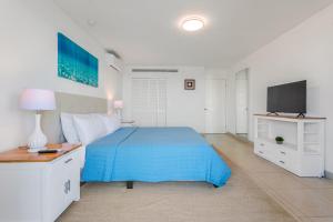 马霍礁Sunset Beach Condo - Luxury 1BR Suite next to The Morgan Resort的一间卧室配有蓝色的床和电视