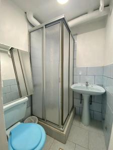 皮奇勒姆Hostal Dolegant Pichilemu 2的带淋浴、卫生间和盥洗盆的浴室